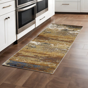 HomeRoots 2' Abstract Multicolor Power Loom Runner Rug - Stain Resistant, Durable, Modern Design for High Traffic Areas Gold/ Brown 2'3" x 7'6" 508640