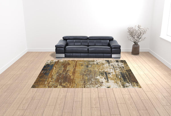 Homeroots 10' X 13' Gold Brown Rust Grey Blue And Beige Abstract Power Loom Stain Resistant Area Rug Gold,Brown Polyester 508645