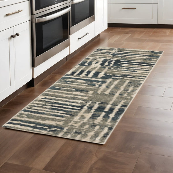 HomeRoots 2' Stylish Blue and Beige Abstract Power Loom Runner Rug - Stain Resistant for High-Traffic Areas 2'3" x 7'6" 508646