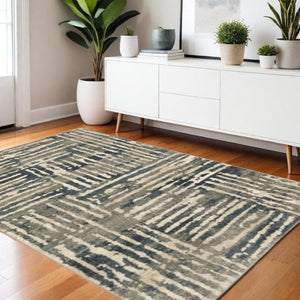 HomeRoots 2' Stylish Blue and Beige Abstract Power Loom Runner Rug - Stain Resistant for High-Traffic Areas 4' X 6' 508648