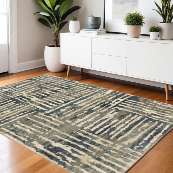 HomeRoots 2' Stylish Blue and Beige Abstract Power Loom Runner Rug - Stain Resistant for High-Traffic Areas 4' X 6' 508648