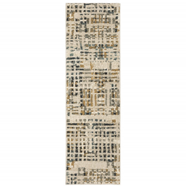 HomeRoots 2' Beige Grey Blues Orange Yellow Ivory Abstract Power Loom Runner Rug - Stain Resistant & Stylish 2'3" x 7'6" 508653