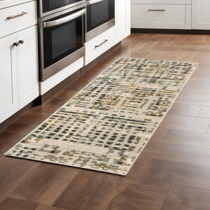 HomeRoots 2' Beige Grey Blues Orange Yellow Ivory Abstract Power Loom Runner Rug - Stain Resistant & Stylish 2'3" x 7'6" 508653