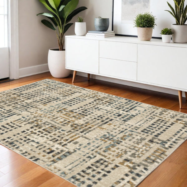 HomeRoots 2' Beige Grey Blues Orange Yellow Ivory Abstract Power Loom Runner Rug - Stain Resistant & Stylish 4' X 6' 508655