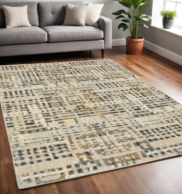 HomeRoots 2' Beige Grey Blues Orange Yellow Ivory Abstract Power Loom Runner Rug - Stain Resistant & Stylish 5' X 7' 508656