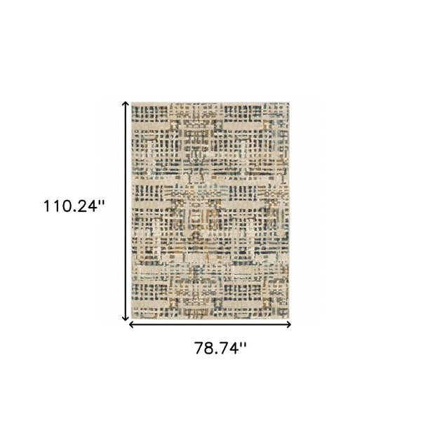 HomeRoots 2' Beige Grey Blues Orange Yellow Ivory Abstract Power Loom Runner Rug - Stain Resistant & Stylish 7' X 9' 508657