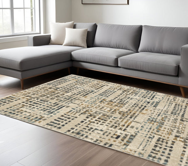 HomeRoots 2' Beige Grey Blues Orange Yellow Ivory Abstract Power Loom Runner Rug - Stain Resistant & Stylish 7' X 9' 508657