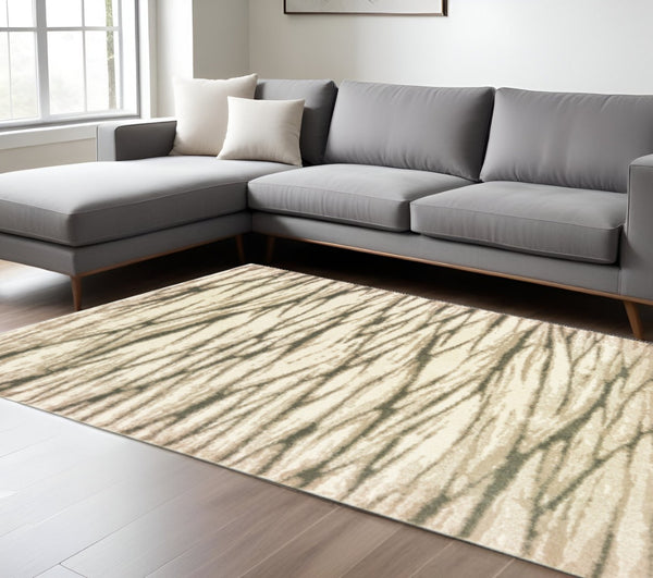 HomeRoots 2' Elegant Ivory Sand and Ash Abstract Runner Rug - Stain Resistant, Ideal for Busy Households 10' X 13' 508666