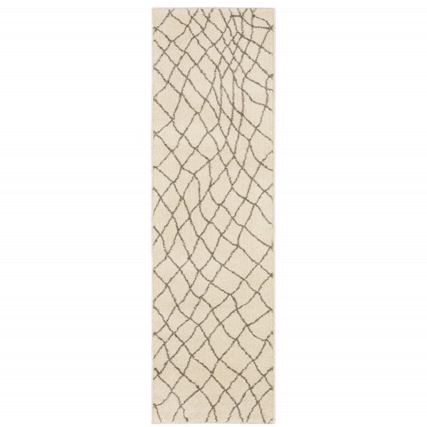 HomeRoots 2' Ivory and Grey Geometric Runner Rug - Stain Resistant, Power Loomed Design for Modern Spaces 2'3" x 7'6" 508671