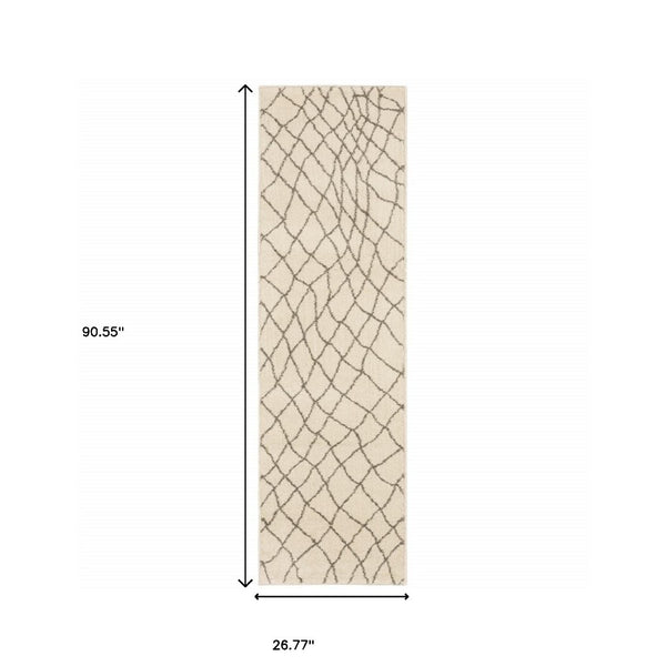 HomeRoots 2' Ivory and Grey Geometric Runner Rug - Stain Resistant, Power Loomed Design for Modern Spaces 2'3" x 7'6" 508671