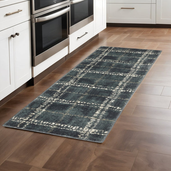 HomeRoots 2' Blue and Ivory Geometric Power Loom Runner Rug – Stain-Resistant, Durable, Perfect for High Traffic Areas 2'3" x 7'6" 508678