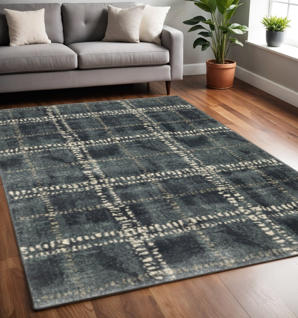 HomeRoots 2' Blue and Ivory Geometric Power Loom Runner Rug – Stain-Resistant, Durable, Perfect for High Traffic Areas 5' X 7' 508681