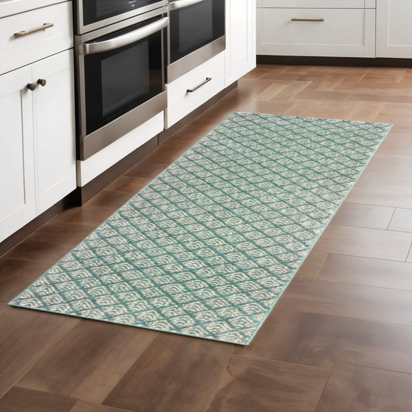 HomeRoots 2' Foam Blue and Ivory Geometric Runner Rug – Stain-Resistant, Durable, Perfect for High-Traffic Areas 2'3" x 7'6" 508685