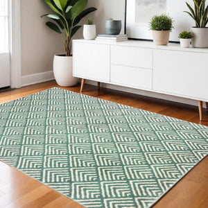 HomeRoots 2' Foam Blue and Ivory Geometric Runner Rug – Stain-Resistant, Durable, Perfect for High-Traffic Areas 4' X 6' 508687