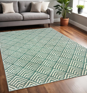 HomeRoots 2' Foam Blue and Ivory Geometric Runner Rug – Stain-Resistant, Durable, Perfect for High-Traffic Areas 5' X 7' 508688