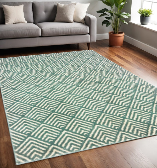HomeRoots 2' Foam Blue and Ivory Geometric Runner Rug – Stain-Resistant, Durable, Perfect for High-Traffic Areas 5' X 7' 508688