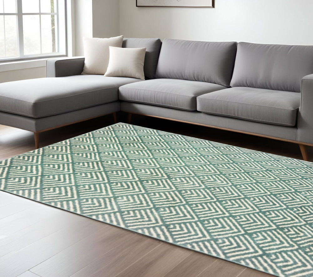 HomeRoots 2' Foam Blue and Ivory Geometric Runner Rug – Stain-Resistant, Durable, Perfect for High-Traffic Areas 7' X 9' 508689