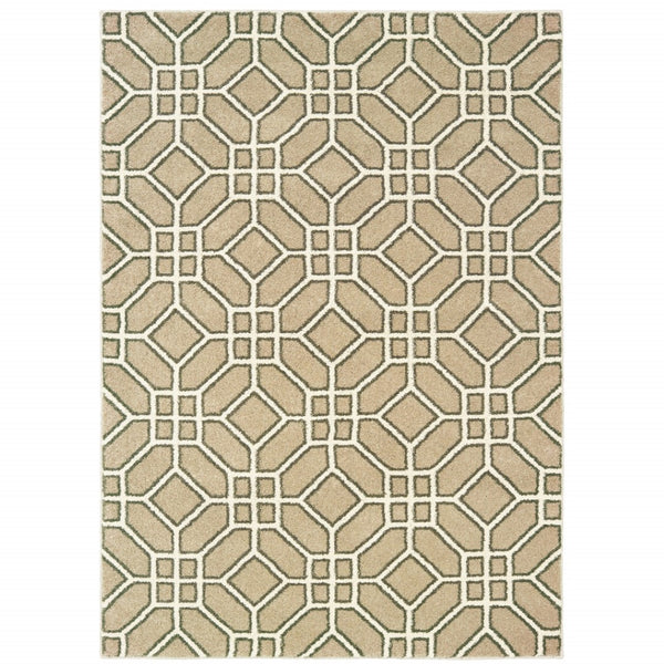 HomeRoots 10' Sand and Ivory Geometric Area Rug - Power-Loomed, Stain-Resistant, Perfect for High-Traffic Spaces 508698
