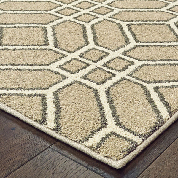 HomeRoots 10' Sand and Ivory Geometric Area Rug - Power-Loomed, Stain-Resistant, Perfect for High-Traffic Spaces 508698
