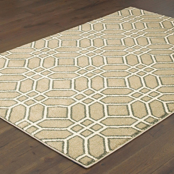 HomeRoots 10' Sand and Ivory Geometric Area Rug - Power-Loomed, Stain-Resistant, Perfect for High-Traffic Spaces 508698
