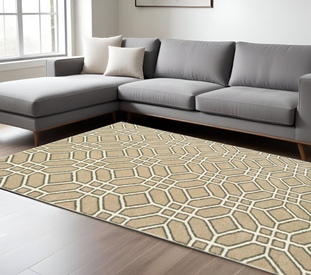 HomeRoots 10' Sand and Ivory Geometric Area Rug - Power-Loomed, Stain-Resistant, Perfect for High-Traffic Spaces 508698