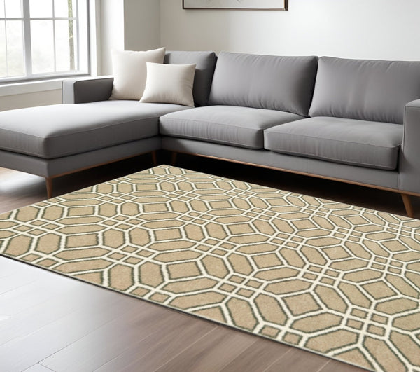 HomeRoots 10' Sand and Ivory Geometric Area Rug - Power-Loomed, Stain-Resistant, Perfect for High-Traffic Spaces 508698