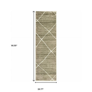 HomeRoots 2' Grey and Ivory Geometric Runner Rug - Power-Loomed, Stain-Resistant Design for High-Traffic Areas 2'3" x 7'6" 508699