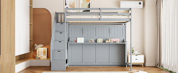 English Elm Full Over Murphy Bunk Bed with Hydraulic Lift Staircase Storage and Fold Away Desk LP000698AAE