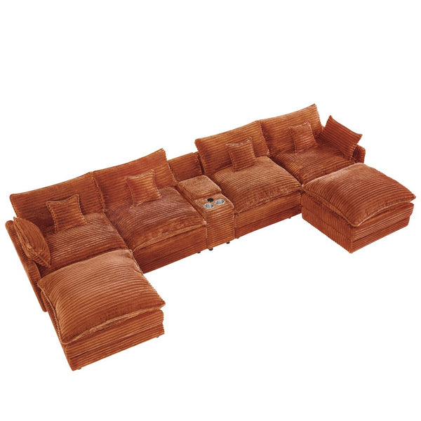 English Elm 148-inch U-shaped Wool Sectional Set with Console Coffee Table and Pillows Orange W2564S00098