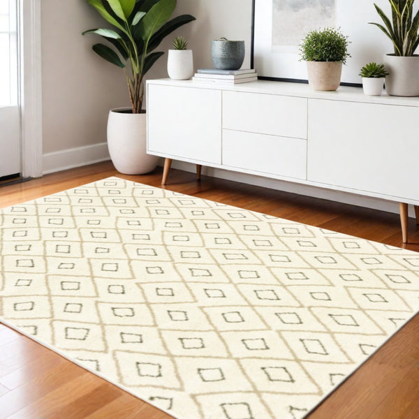 HomeRoots 2' Modern Geometric Sand Ash Grey and Ivory Stain-Resistant Runner Rug for High-Traffic Spaces 4' X 6' 508708