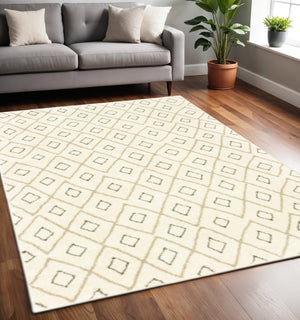 HomeRoots 2' Modern Geometric Sand Ash Grey and Ivory Stain-Resistant Runner Rug for High-Traffic Spaces 5' X 7' 508709