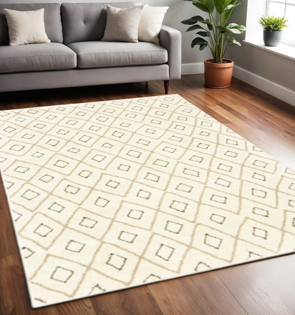 HomeRoots 2' Modern Geometric Sand Ash Grey and Ivory Stain-Resistant Runner Rug for High-Traffic Spaces 5' X 7' 508709
