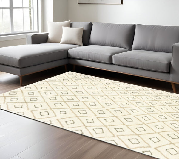 HomeRoots 2' Modern Geometric Sand Ash Grey and Ivory Stain-Resistant Runner Rug for High-Traffic Spaces 7' X 9' 508710