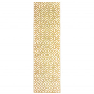 HomeRoots 2' Elegant Gold and Ivory Geometric Runner Rug - Durable, Stain-Resistant, Modern Design for Hallways 2'3" x 7'6" 508713