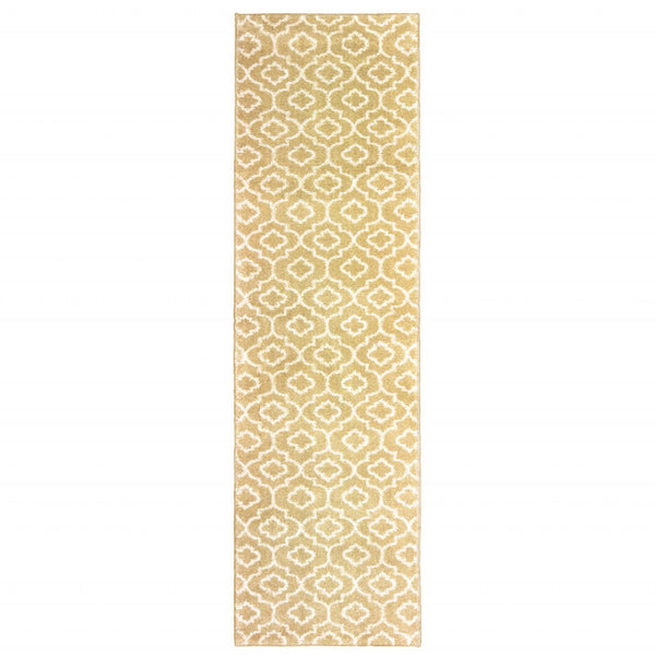HomeRoots 2' Elegant Gold and Ivory Geometric Runner Rug - Durable, Stain-Resistant, Modern Design for Hallways 2'3" x 7'6" 508713