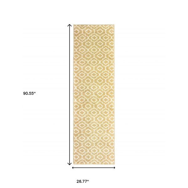 HomeRoots 2' Elegant Gold and Ivory Geometric Runner Rug - Durable, Stain-Resistant, Modern Design for Hallways 2'3" x 7'6" 508713