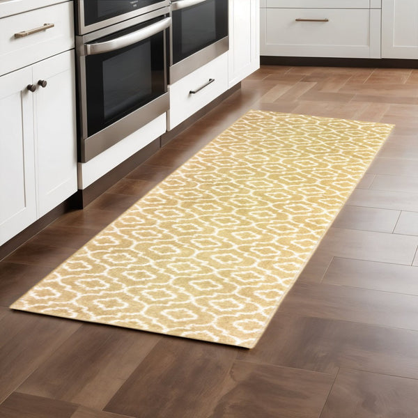 HomeRoots 2' Elegant Gold and Ivory Geometric Runner Rug - Durable, Stain-Resistant, Modern Design for Hallways 2'3" x 7'6" 508713
