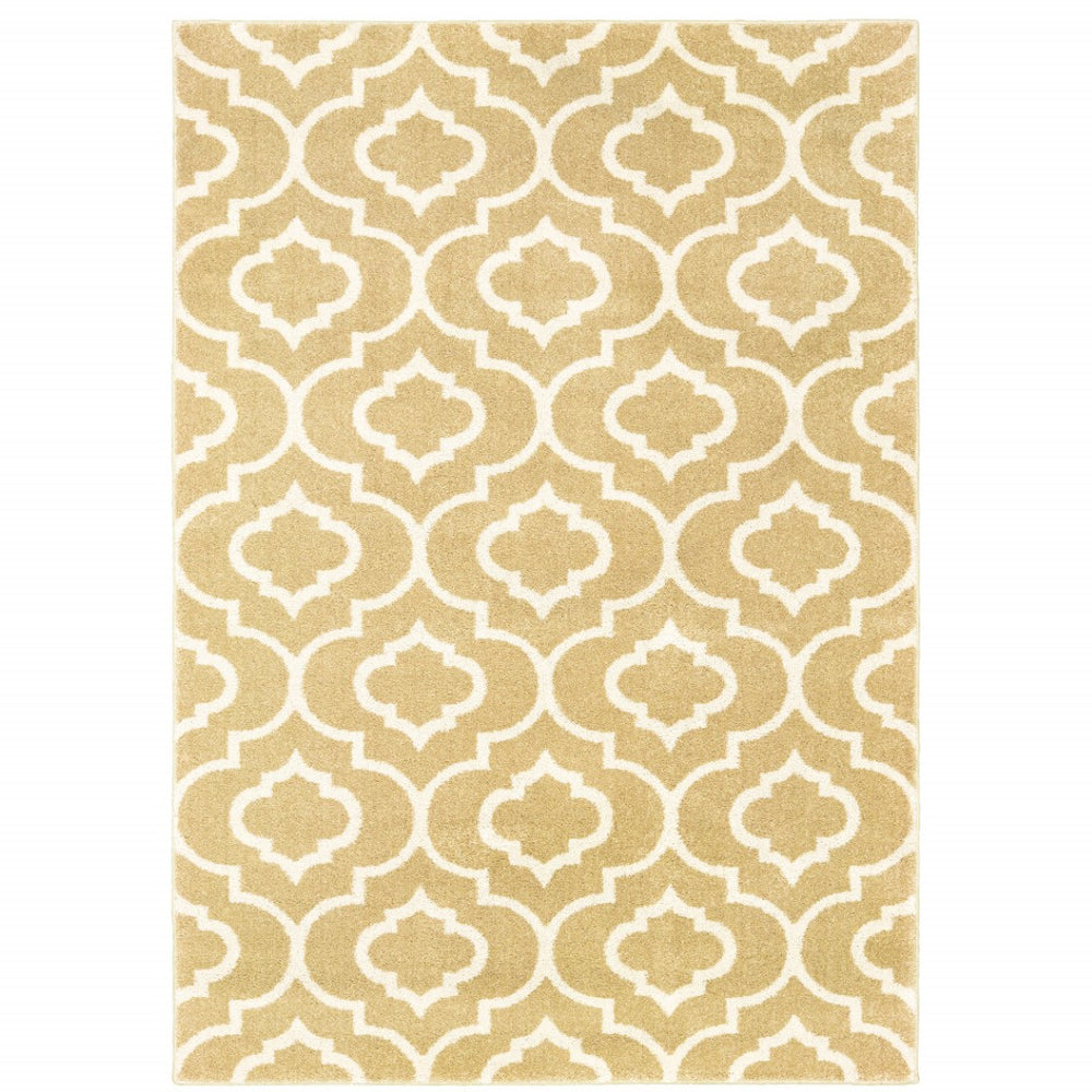 HomeRoots 2' Elegant Gold and Ivory Geometric Runner Rug - Durable, Stain-Resistant, Modern Design for Hallways 4' X 6' 508715