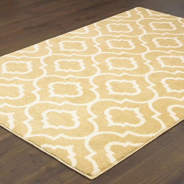 HomeRoots 2' Elegant Gold and Ivory Geometric Runner Rug - Durable, Stain-Resistant, Modern Design for Hallways 4' X 6' 508715