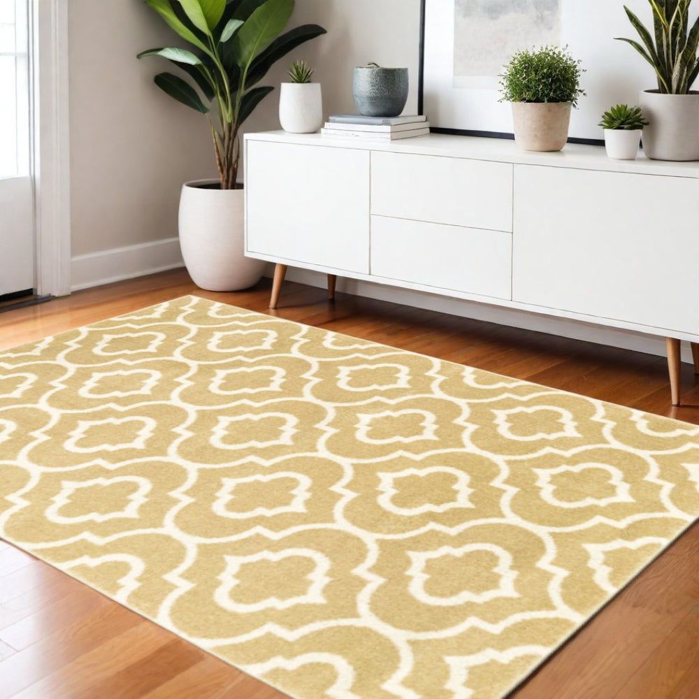 HomeRoots 2' Elegant Gold and Ivory Geometric Runner Rug - Durable, Stain-Resistant, Modern Design for Hallways 4' X 6' 508715