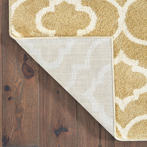 HomeRoots 2' Elegant Gold and Ivory Geometric Runner Rug - Durable, Stain-Resistant, Modern Design for Hallways 5' X 7' 508716