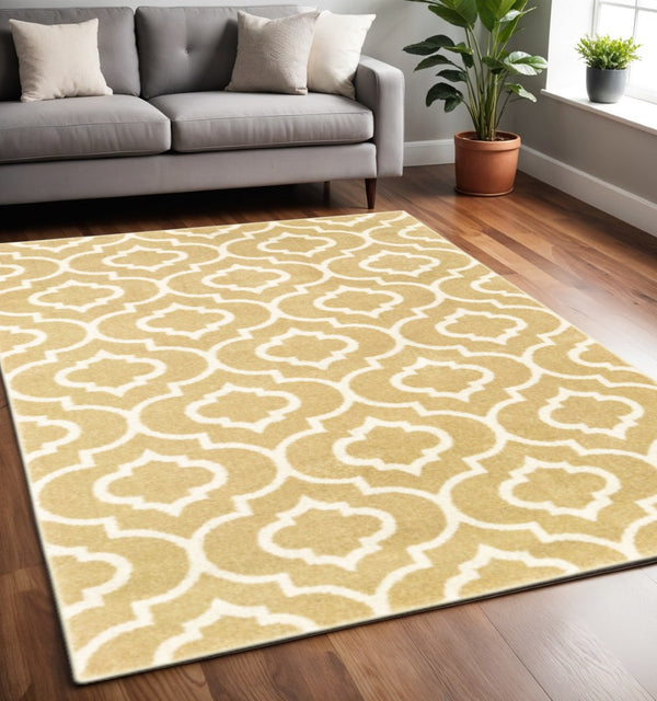 HomeRoots 2' Elegant Gold and Ivory Geometric Runner Rug - Durable, Stain-Resistant, Modern Design for Hallways 5' X 7' 508716