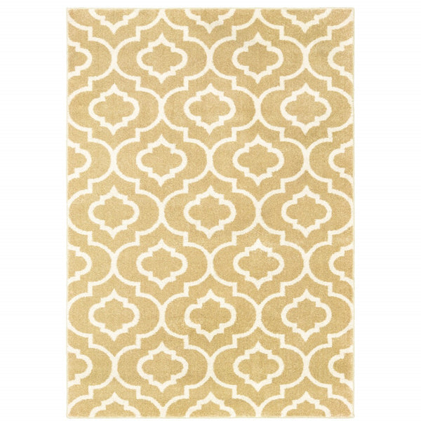 HomeRoots 2' Elegant Gold and Ivory Geometric Runner Rug - Durable, Stain-Resistant, Modern Design for Hallways 7' X 9' 508717