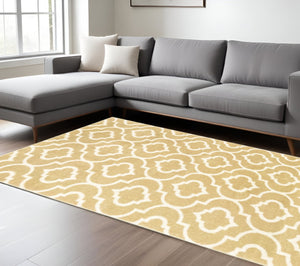 HomeRoots 2' Elegant Gold and Ivory Geometric Runner Rug - Durable, Stain-Resistant, Modern Design for Hallways 7' X 9' 508717