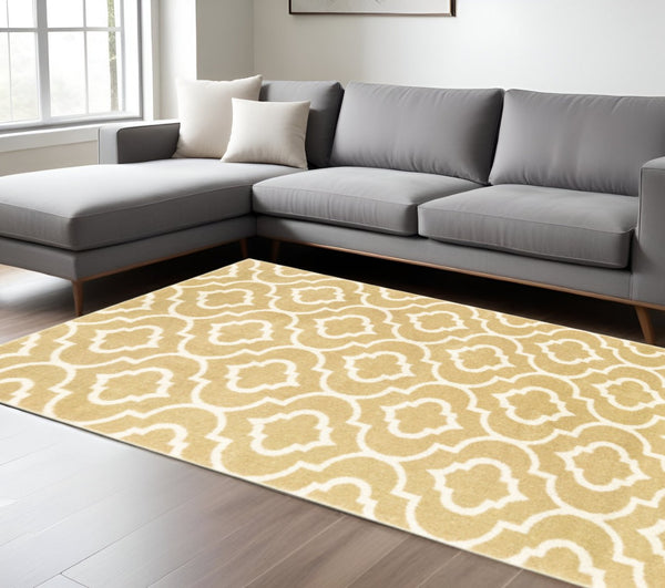HomeRoots 2' Elegant Gold and Ivory Geometric Runner Rug - Durable, Stain-Resistant, Modern Design for Hallways 8' X 10' 508718