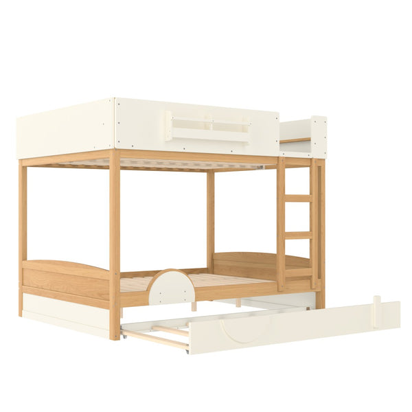 English Elm Queen Bunk Bed with Trundle Solid Pine Kids Car Themed Frame Built-in Bookshelf Natural+Beige W1580S00449