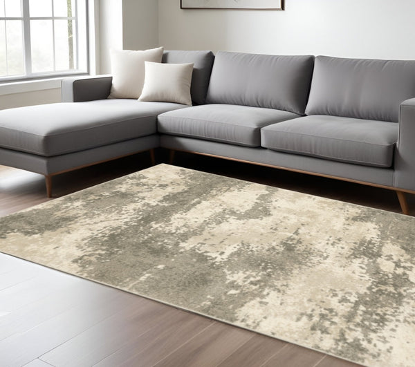 HomeRoots 2' Contemporary Beige and Grey Abstract Power Loom Runner Rug - Stain Resistant for High Traffic Areas 8' X 10' 508732