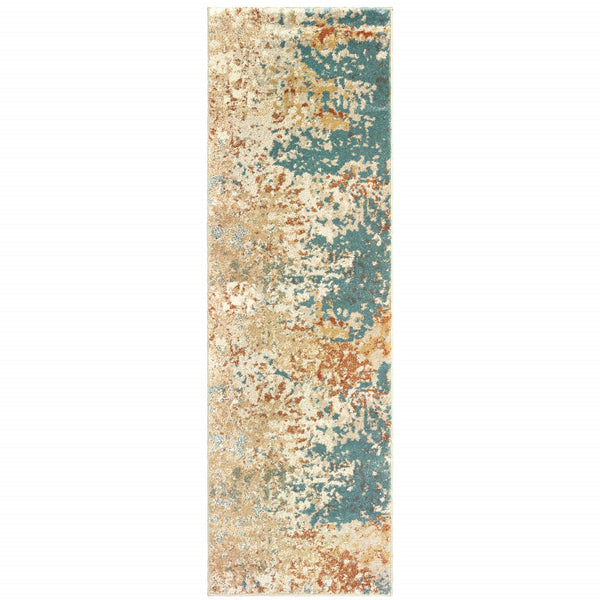 Homeroots 2' X 8' Foam Blue Pumpkin And Golden Yellow Abstract Power Loom Stain Resistant Runner Rug  Polypropylene 508741