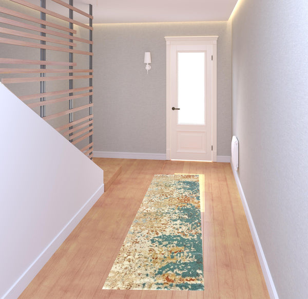 Homeroots 2' X 8' Foam Blue Pumpkin And Golden Yellow Abstract Power Loom Stain Resistant Runner Rug  Polypropylene 508741