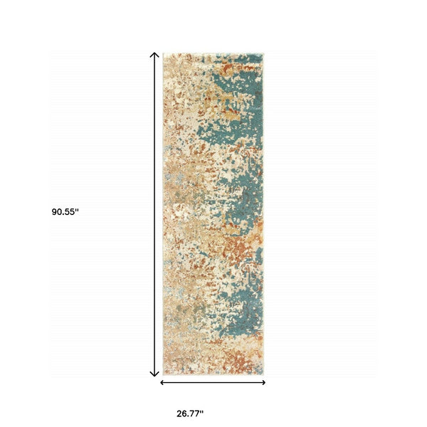 Homeroots 2' X 8' Foam Blue Pumpkin And Golden Yellow Abstract Power Loom Stain Resistant Runner Rug  Polypropylene 508741